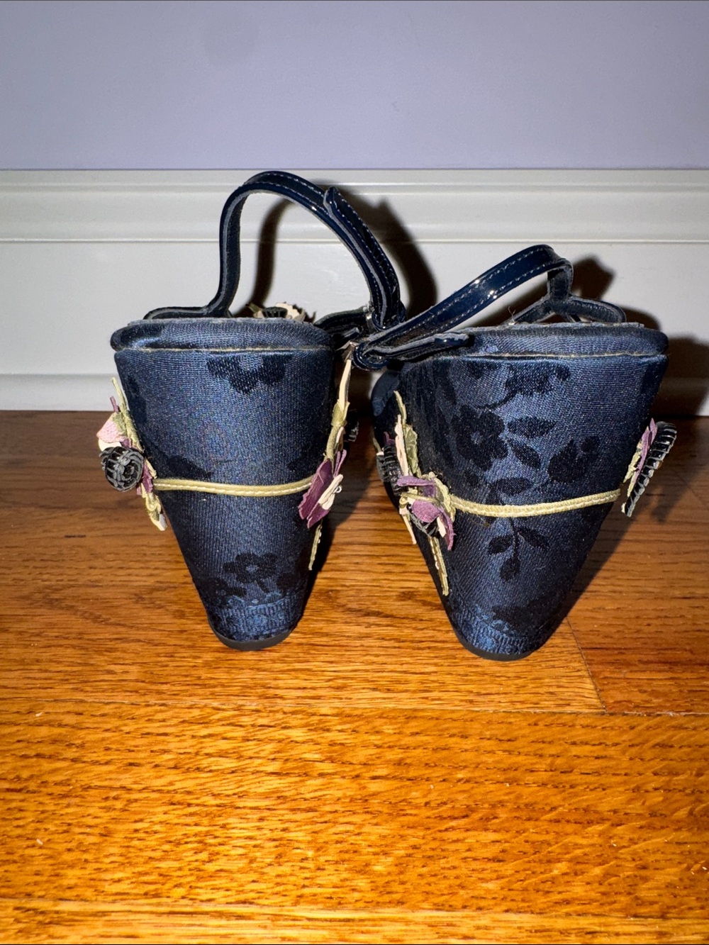 Prada Navy Floral Appliqué Wedge Sandals - Picture 3 of 4